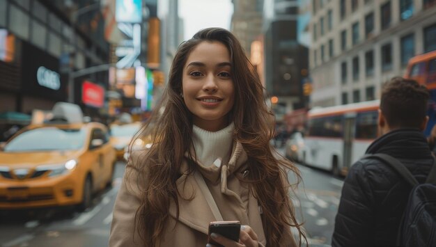 Woman Standing on City Street Holding Cell Phone