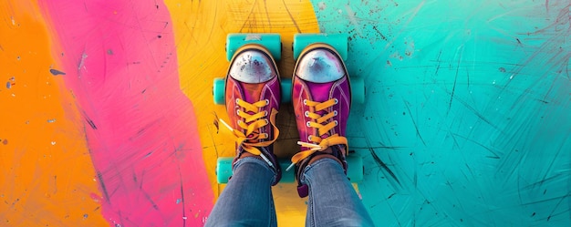 Photo woman standing on a colorful painted floor in purple and white sneakers