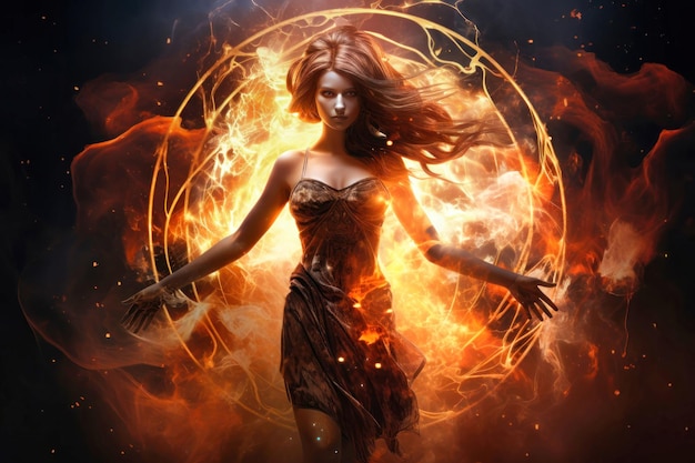 A woman standing confidently in front of a blazing fire ball showcasing strength and courage