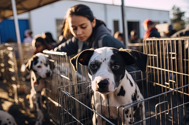 A woman standing next to a dog in a cage