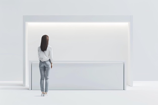 Photo woman standing at expo promotional stand with empty on white background