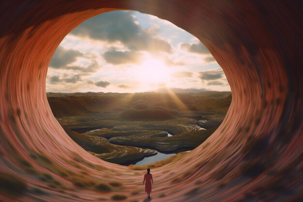 Photo woman standing in fantasy surreal landscape woman standing in fantasy surreal landscape 3d generate