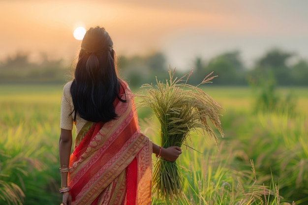 Woman Standing in Field Holding Bundle of Paddy Grass