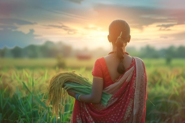 Woman Standing in Field Holding Bundle of Paddy Grass