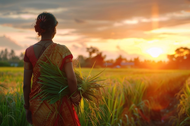 Woman Standing in Field Holding Paddy Plant