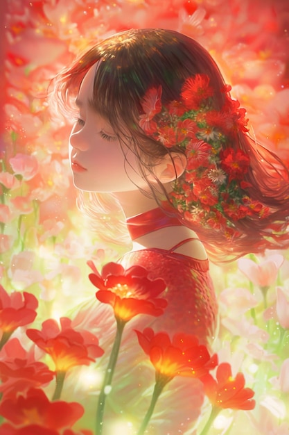 Woman standing in a field of red flowers generative ai