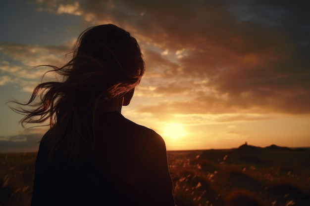 A woman standing in a field at sunset Perfect for nature and relaxation concepts