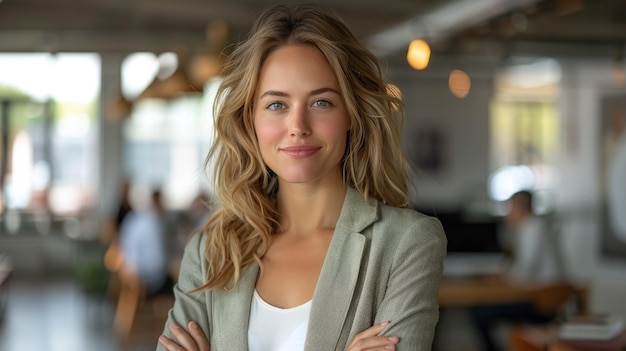 Woman standing in the foreground with her arms crossed she is smiling at the camera wearing a white