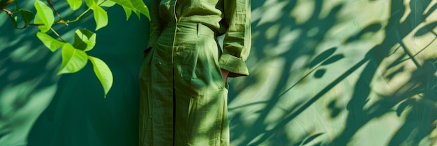 Photo a woman standing in a forest the green tones of her dress blend with the surrounding foliage