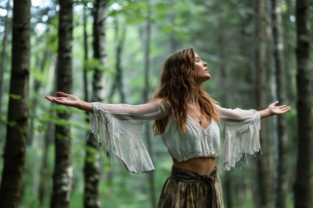 Woman Standing in Forest With Arms Outstretched