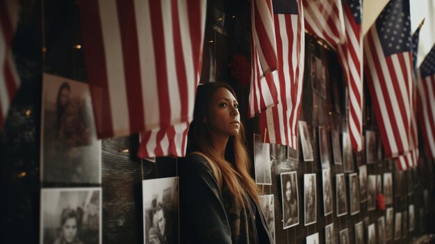 Woman Standing in Front of American Flags