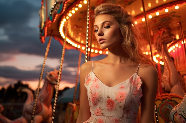 A woman standing in front of a carousel at night