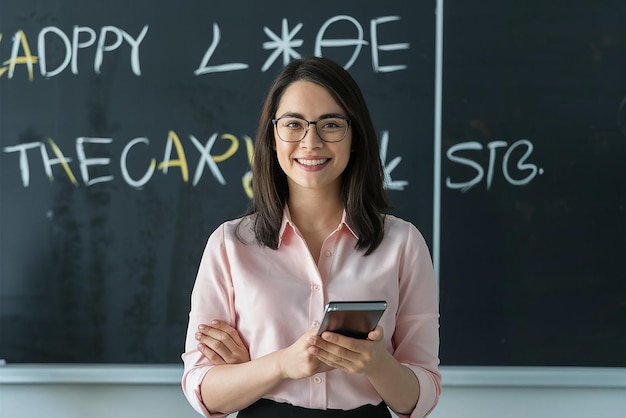 a woman standing in front of a chalkboard with the words happy holidays on it