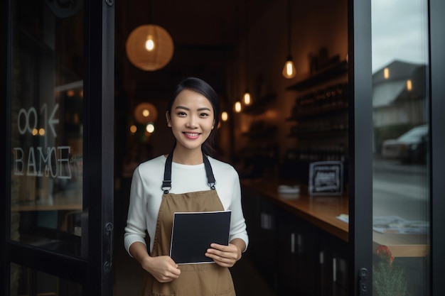 A woman standing in front of a door holding a tablet