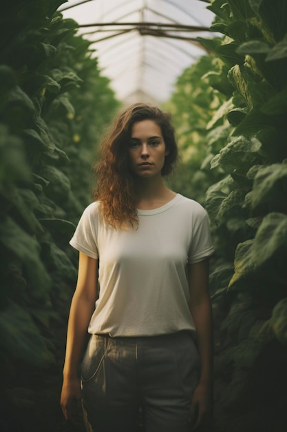 woman standing in front of a field of plants