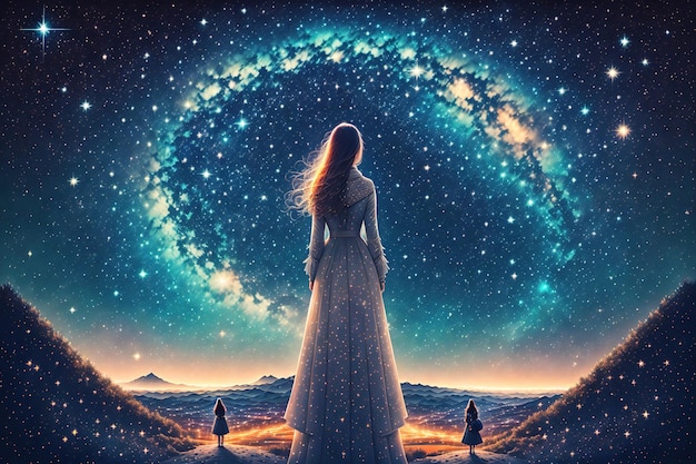 A woman standing in front of a galaxy