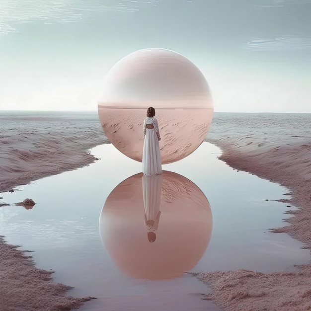 Photo a woman standing in front of a giant ball in the desert