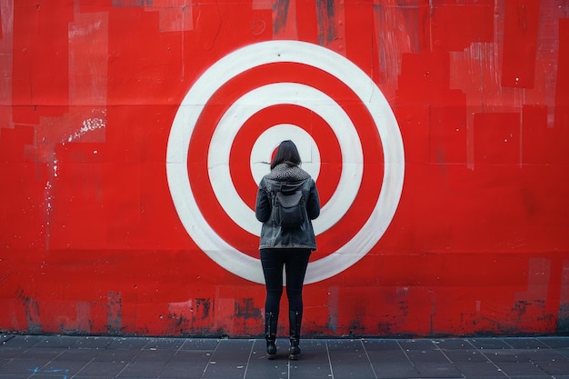 Woman standing in front of giant red target painted on wall