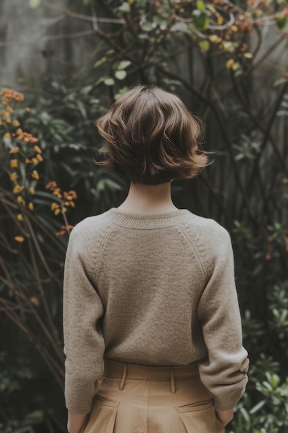 Woman standing in front of greenery looking away