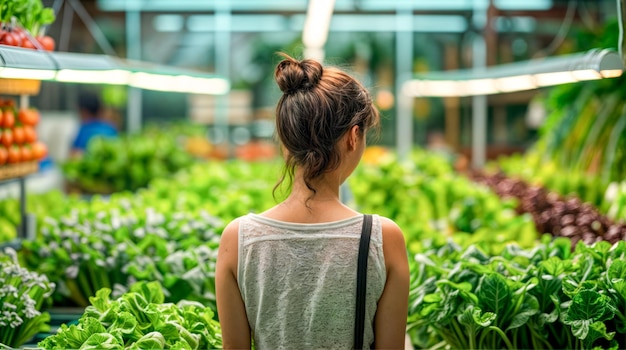 Woman standing in front of greenhouse filled with lettuce plants