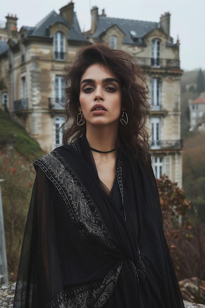 Photo woman standing in front of large building