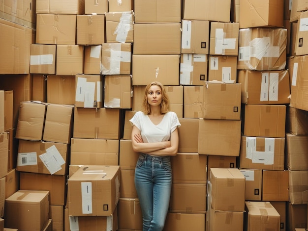 Woman Standing in Front of Pile of Boxes