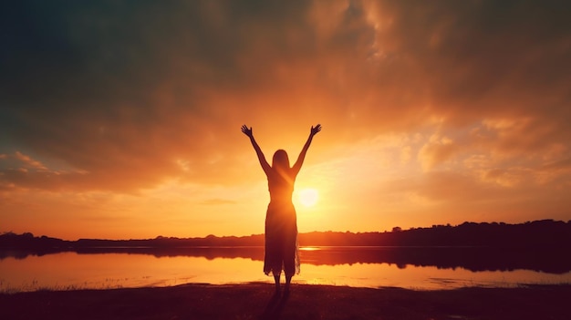 A woman standing in front of a sunset with her arms raised