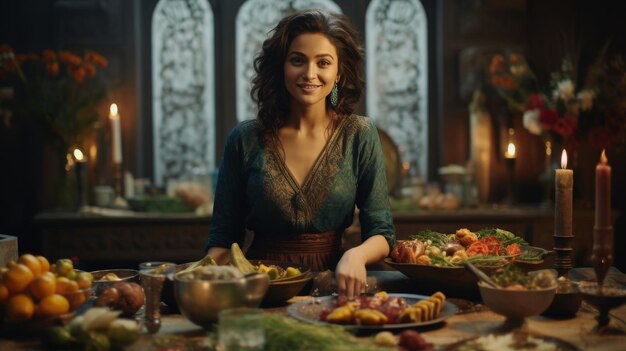 Woman Standing in Front of Table Full of Food