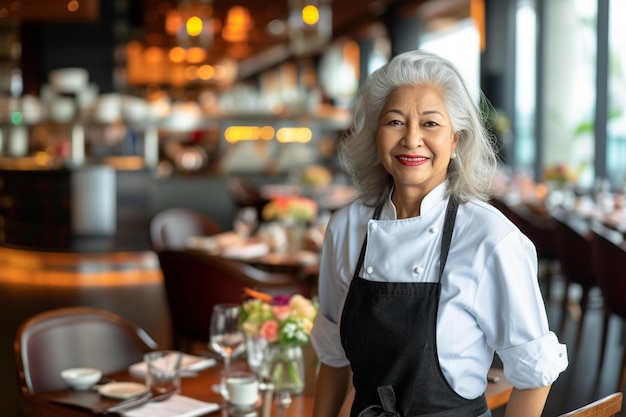 a woman standing in front of a table in a restaurant