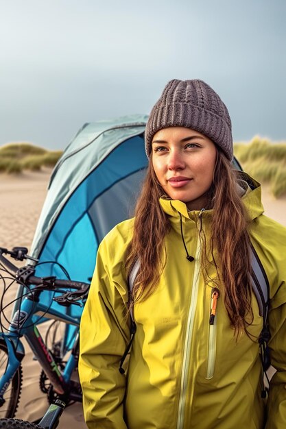 A woman standing in front of a tent on a beach Generative AI image