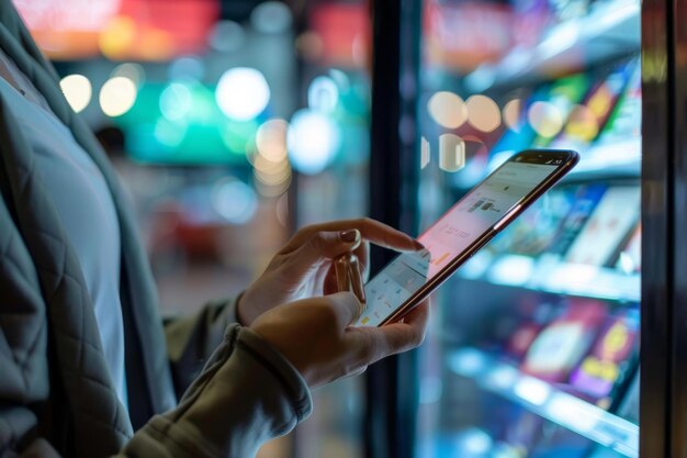 Photo a woman standing in front of a vending machine interacting with a tablet screen empowering consumers through fintech tools