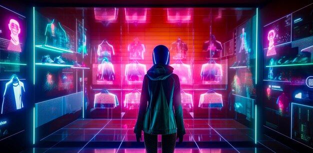 Woman standing in front of wall of neon lights in room Generative AI