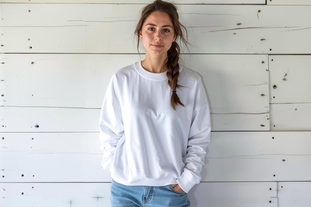 Photo a woman standing in front of a white wall wearing a white sweatshirt