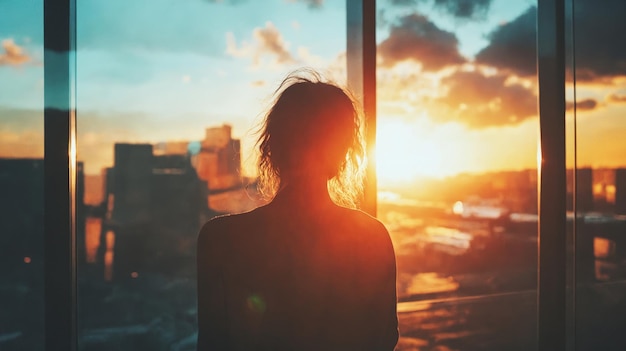 Photo a woman standing in front of a window looking out at the sunset