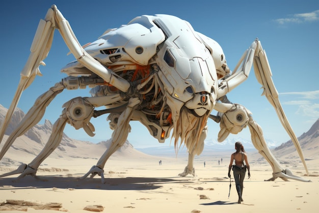 A woman standing next to a giant robotic spider in the desert