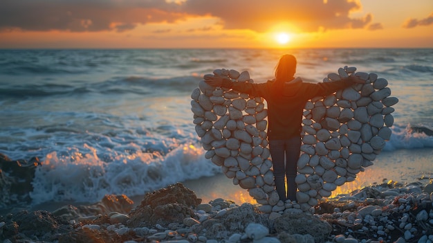 Photo woman standing in a heart shaped rock formation at sunset