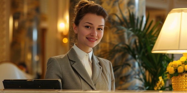 Woman Standing at Hotel Desk