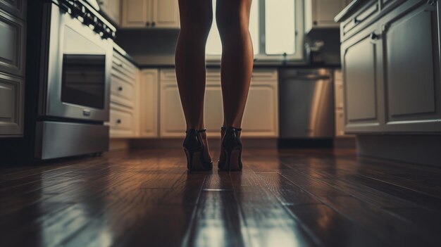 a woman standing in a kitchen wearing high heels