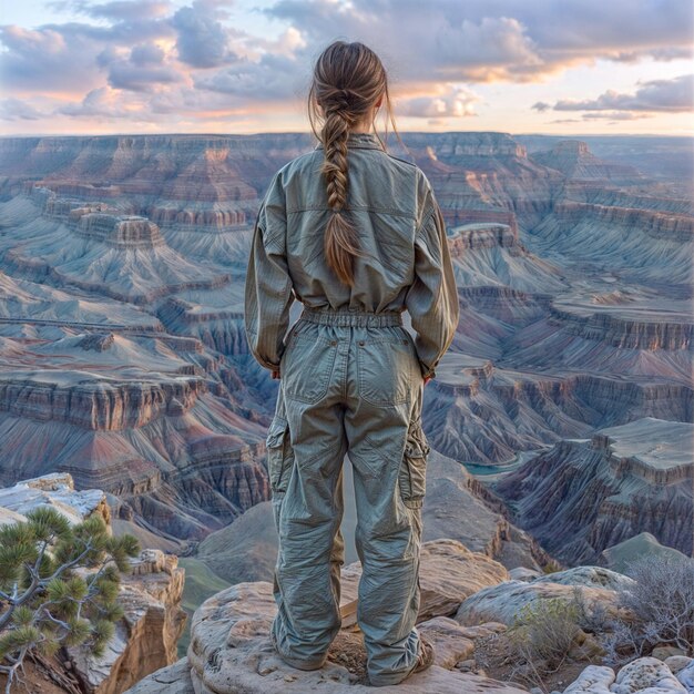 a woman standing on a ledge looking at the sunset