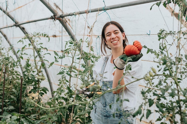 Woman standing in the middle of a greenhouse holding tomatoes Vegetables new job work concept