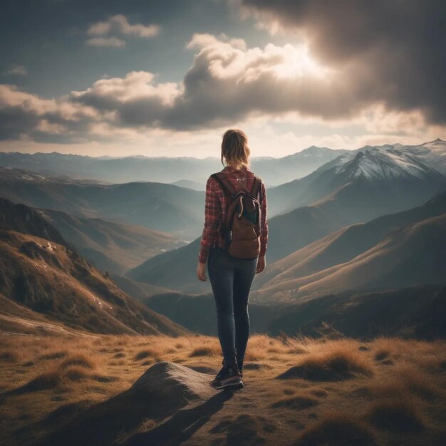 Woman standing on mountain near body of