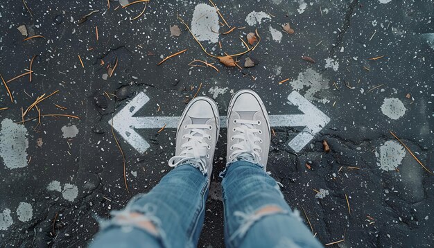 Photo woman standing near arrows on asphalt top view choice concept