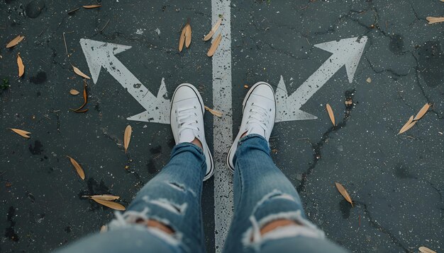 Photo woman standing near arrows on asphalt top view choice concept