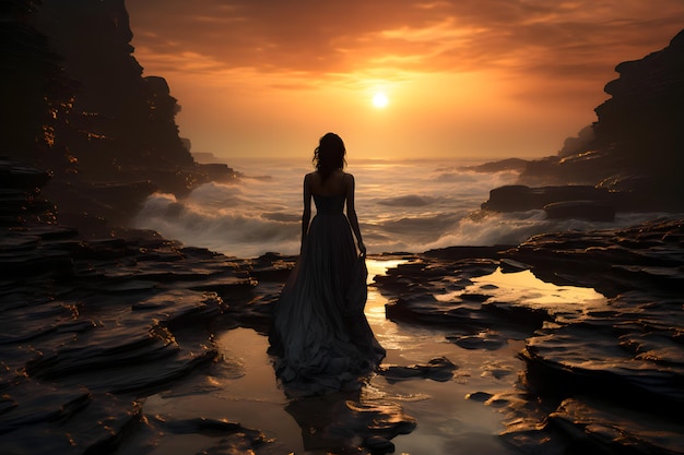 Woman standing on the rock and looking at the misty sunset