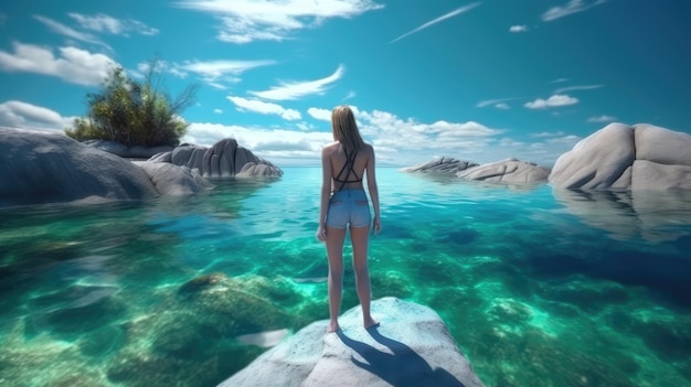 A woman standing on a rock in the water looking out to sea.