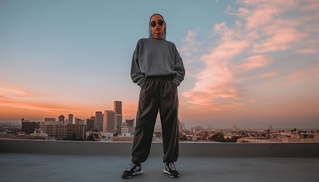 Woman standing on a rooftop overlooking city skyline at sunset