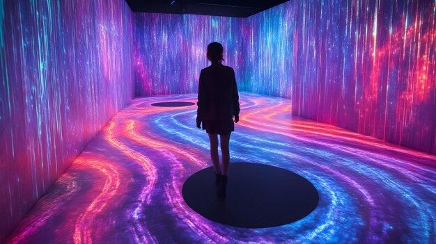 Photo woman standing in a room with projected light and swirling patterns