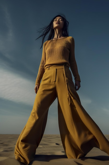 A woman standing in the sand with her long hair blowing in the wind Generative AI image