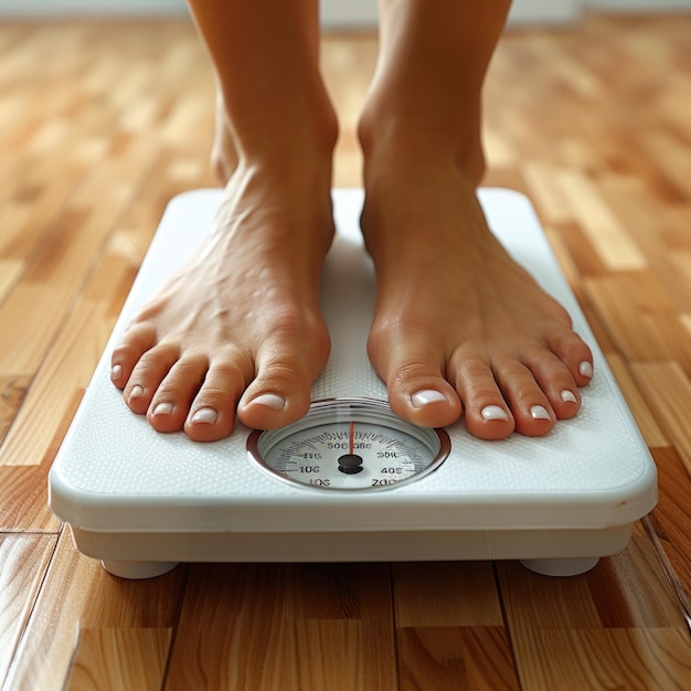 Photo a woman standing on a scale with her feet on a button