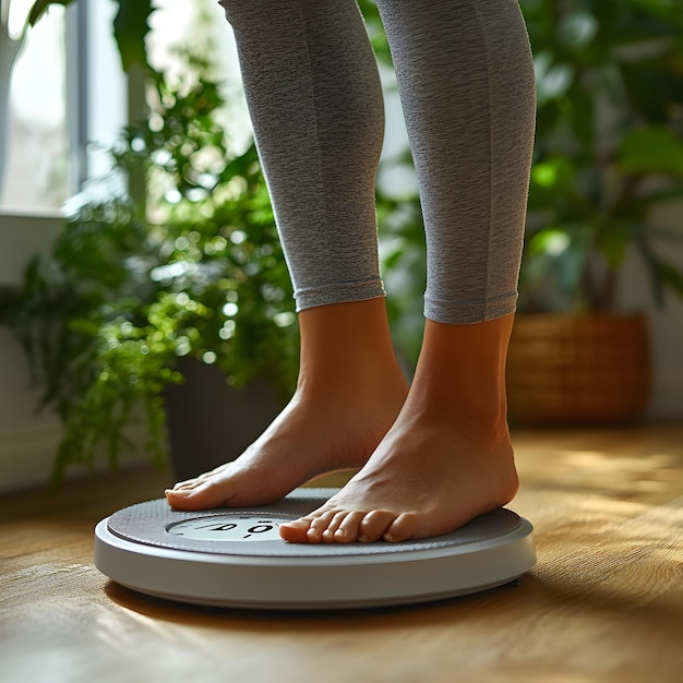 a woman standing on a scale with a plant in the background